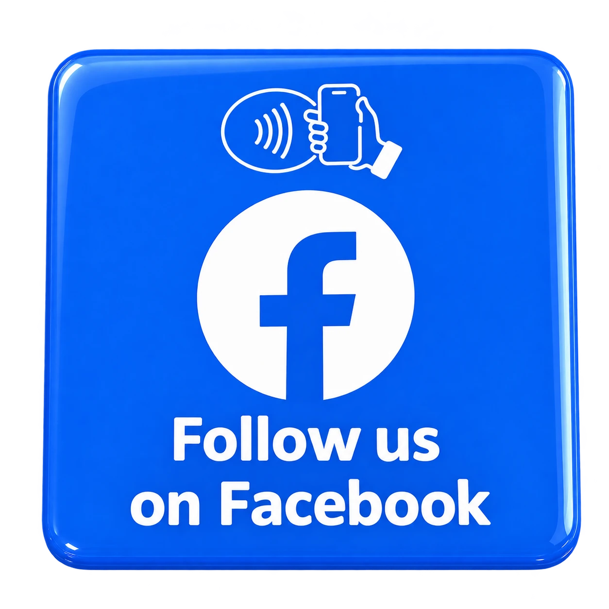 Blue Facebook NFC plaque render with white Facebook logo, tap symbol and Follow us on Facebook wording