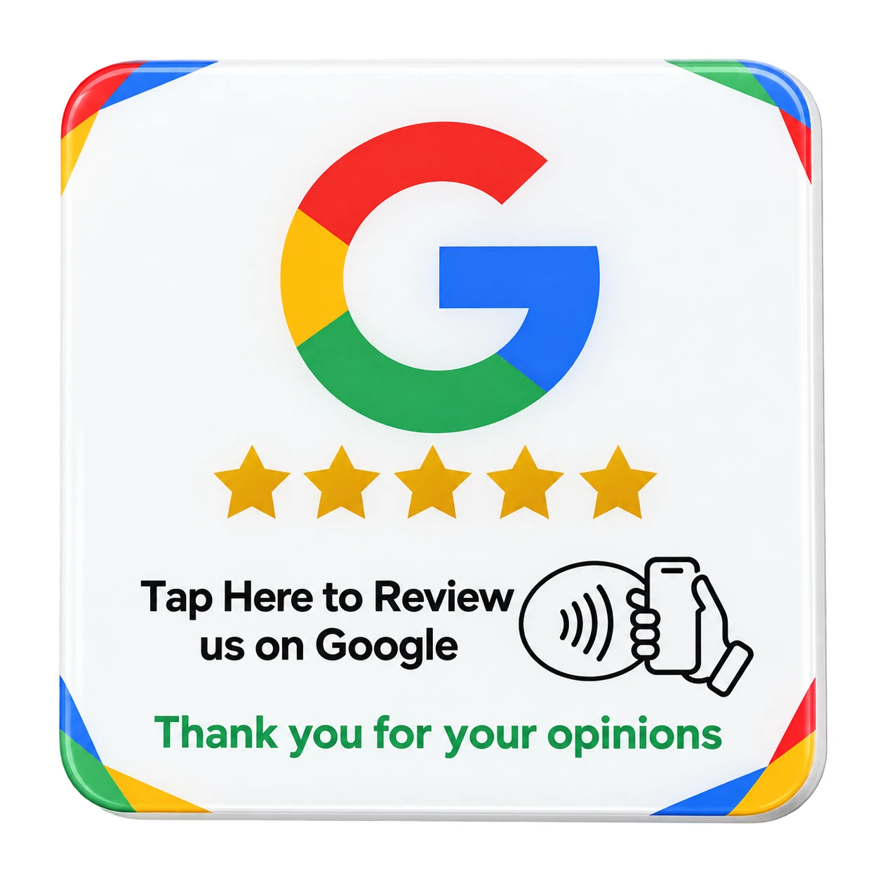 Google Review NFC plaque render with multicoloured G, printed gold star artwork, tap instructions and coloured corners