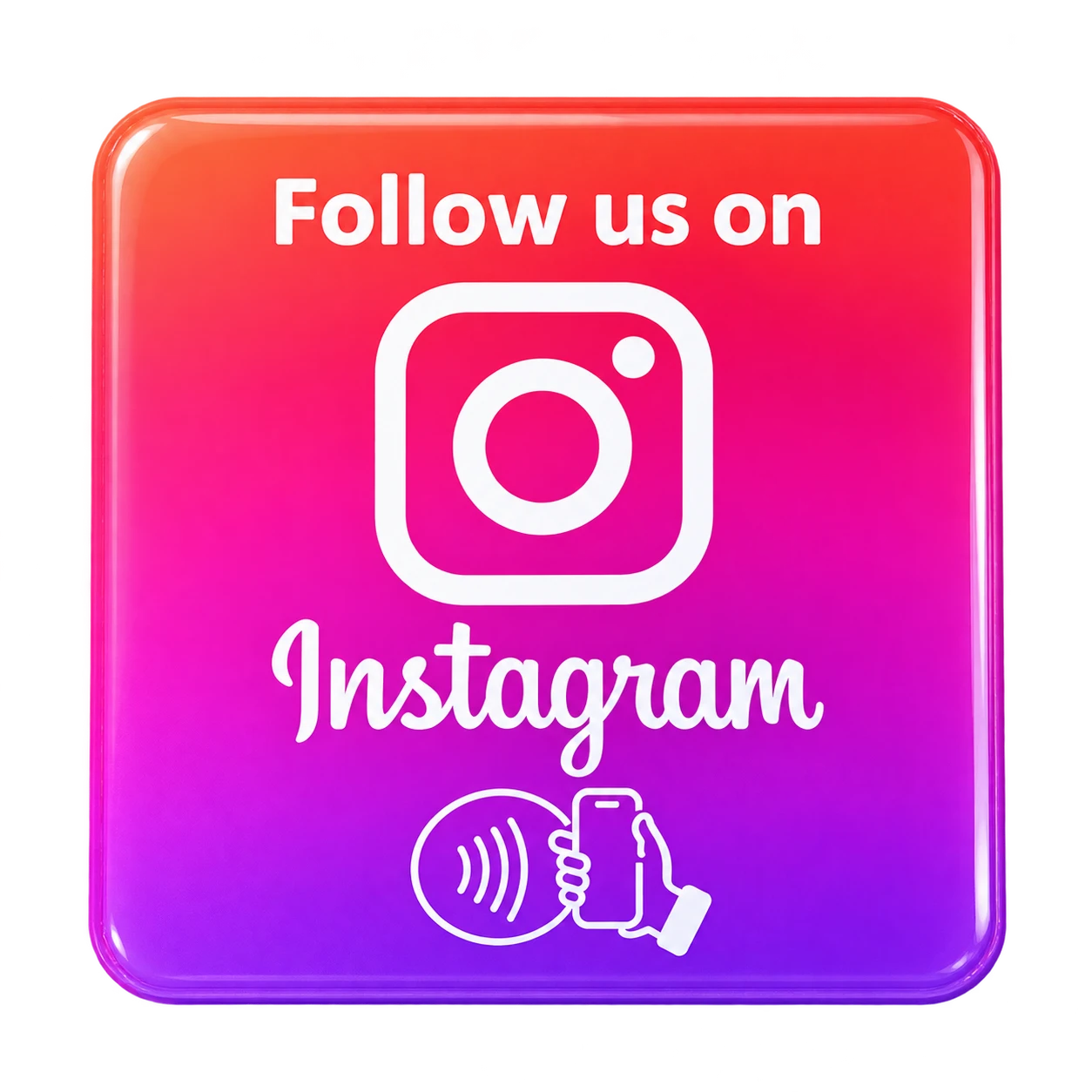 Pink and purple Instagram NFC plaque render with white logo, Follow us on wording and phone-tapping illustration