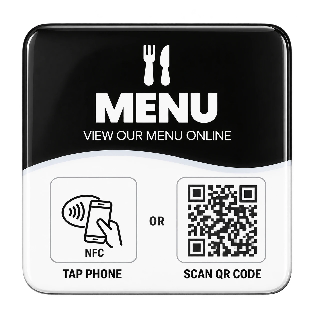 Black and white Menu NFC and QR plaque render with View our menu online wording; the printed QR is reference artwork