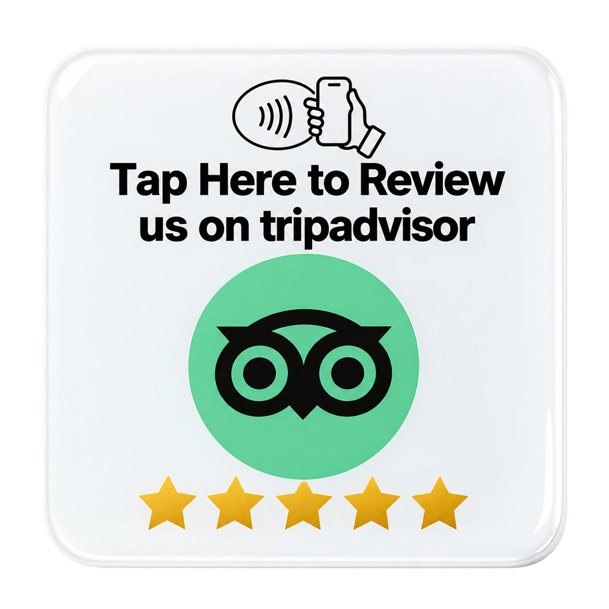 White Tripadvisor review plaque render with owl logo, printed gold star artwork and NFC tap instructions
